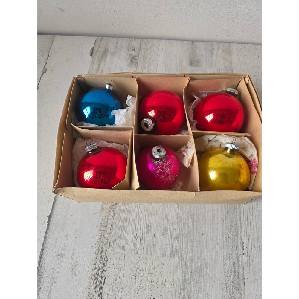 Vintage shiny Brite large glass ornament Mercury Xmas tree set box red pink blue